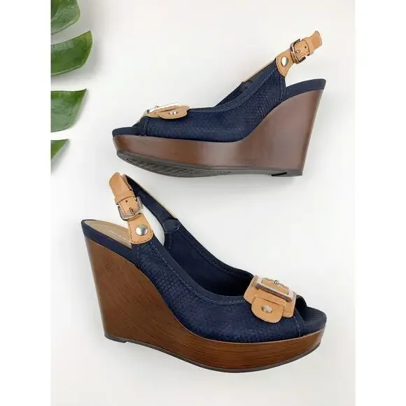 Gianni Bini Platform Wedge Heel Sandals Blue Tan Peep Toe Slingback Women's 8.5 - Picture 7 of 10